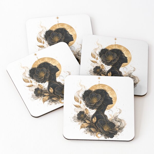 Item preview, Celestial Moon Goddess Art – Gilded Floral Portrait in Gold and Black designed and sold by KireaDesigns.