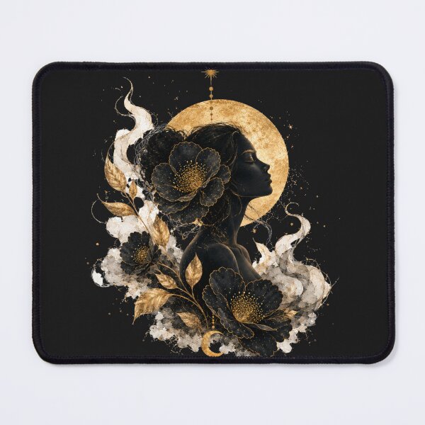 Item preview, Celestial Moon Goddess Art – Gilded Floral Portrait in Gold and Black designed and sold by KireaDesigns.