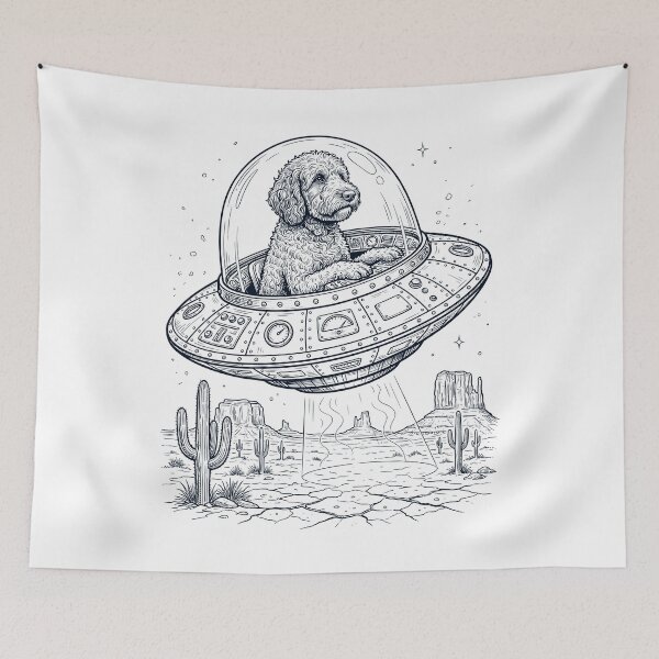 Item preview, Vintage Barbet Riding UFO Dog Mom Dad Lover designed and sold by DoodleTortle.