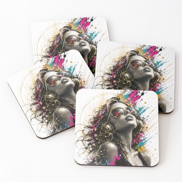 Item preview, Synthwave Music Aesthetic – Neon Paint Splatter Girl with Headphones designed and sold by KireaDesigns.