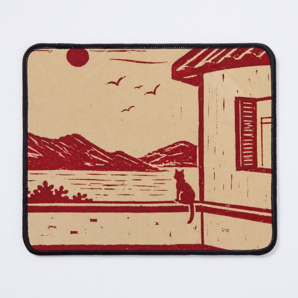 Item preview, Minimal red cat print watching lake and mountains at sunset designed and sold by zelvador.