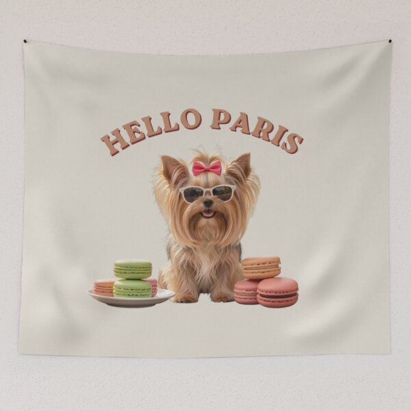Item preview, Hello Paris  Cute Yorkie Dog with Macarons Art designed and sold by Yorkie Magic Studio .