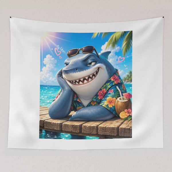 Aperçu de l'œuvre Requin en mode vacances – Requin de plage hawaïen drôle et kawaii, dessin animé d'été créée et vendue par MarekoraStudio.