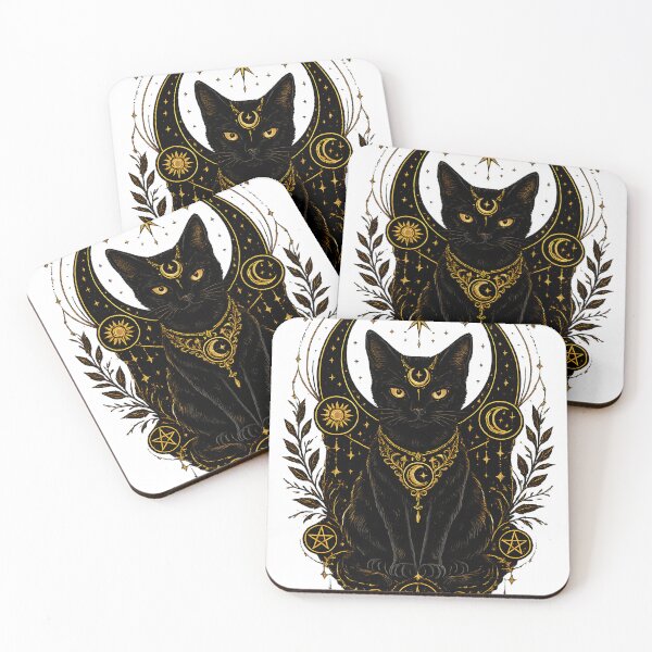 Item preview, Mystical Black Cat Crescent Moon Celestial Witch Art — Gold Occult Cat Illustration designed and sold by artdesingart.