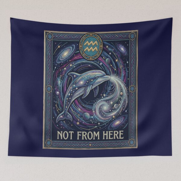 Item preview, Aquarius Zodiac Cosmic Dolphin – Medieval Embroidery Animal Art designed and sold by doinitzart.