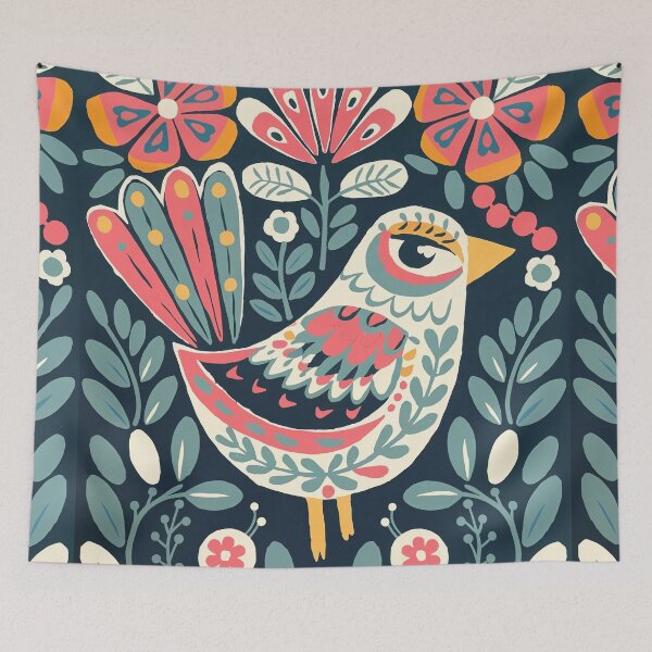 Artikelvorschau, Skandinavischer Volkskunst-Vogeldruck mit Blumen entworfen und verkauft von Filora Atelier | Bird Art.