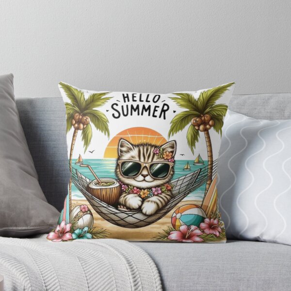 Item preview, Summer Vibes Cat Paradise | Tropical Sunset & Surfboard Illustration designed and sold by ZairDesign.