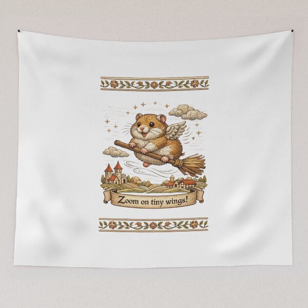 Item preview, Cute Flying Hamster with Tiny Wings on Broom |  Cottagecore Embroidered Animals designed and sold by doinitzart.