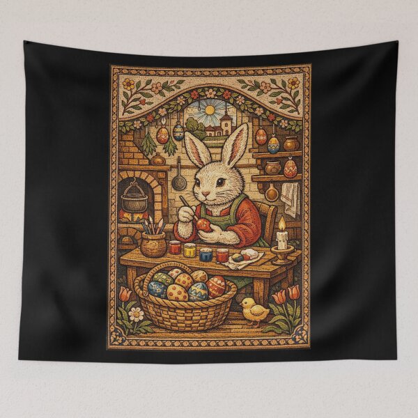Item preview, Easter Bunny Painting Colorful Eggs | Cottagecore Embroidered Animals designed and sold by doinitzart.