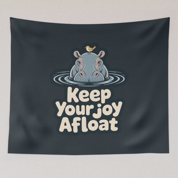 Item preview, Keep Your Joy Afloat – Minimalist Hippo Art Print, Bird on Head Illustration designed and sold by Montodesign.