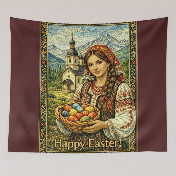 Item preview, Happy Easter Girl in East European Costume | Cottagecore Embroidered Art designed and sold by doinitzart.