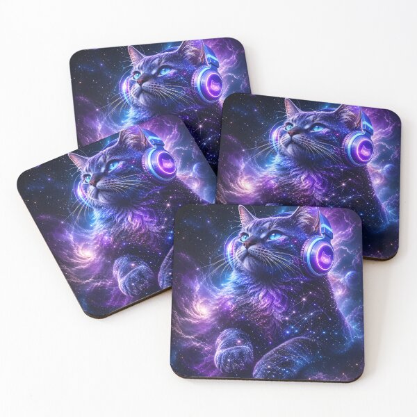 Item preview, Cosmic Galaxy Cat with Headphones Neon Purple Space Art designed and sold by ThePixelMind.