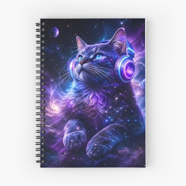 Item preview, Cosmic Galaxy Cat with Headphones Neon Purple Space Art designed and sold by ThePixelMind.