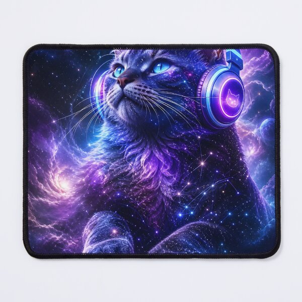 Item preview, Cosmic Galaxy Cat with Headphones Neon Purple Space Art designed and sold by ThePixelMind.