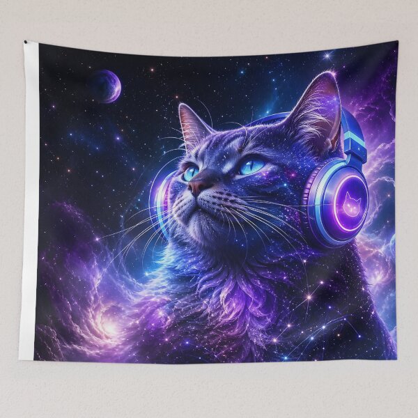 Item preview, Cosmic Galaxy Cat with Headphones Neon Purple Space Art designed and sold by ThePixelMind.