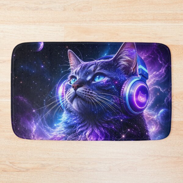 Item preview, Cosmic Galaxy Cat with Headphones Neon Purple Space Art designed and sold by ThePixelMind.