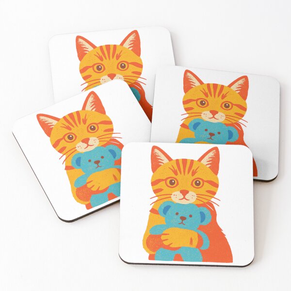 Item preview, Gato atigrado naranja abrazando a un osito de peluche azul - Lámina de arte retro designed and sold by RairyuuBell.