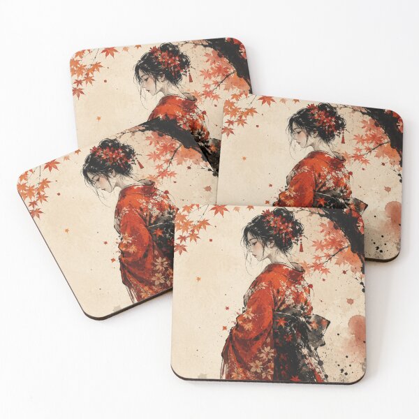 Item preview, Japanese Geisha in Autumn Leaves - Traditional Ink Wash and Watercolor Art designed and sold by montaodujour.