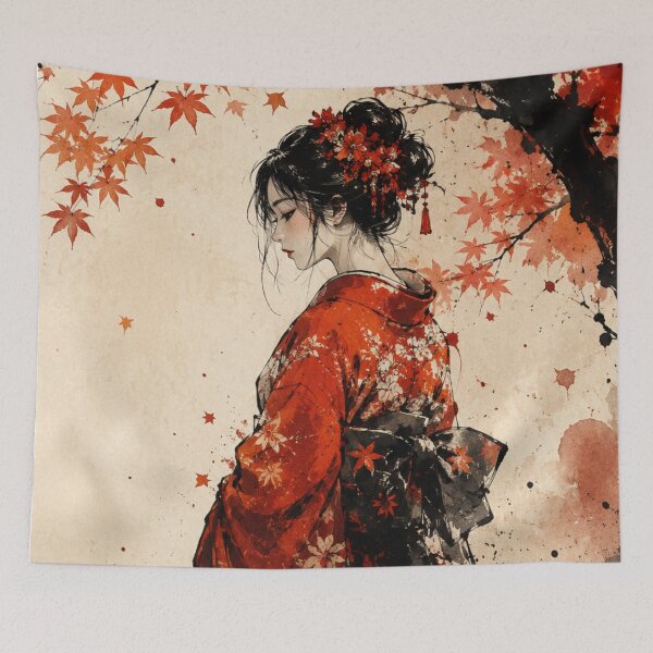 Item preview, Japanese Geisha in Autumn Leaves - Traditional Ink Wash and Watercolor Art designed and sold by montaodujour.