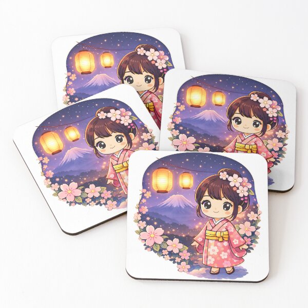 Item preview, Cute Japanese Sakura Girl Sticker – Kawaii Kimono Lantern Night Mount Fuji Anime Style Art designed and sold by Digital Culture Studio.