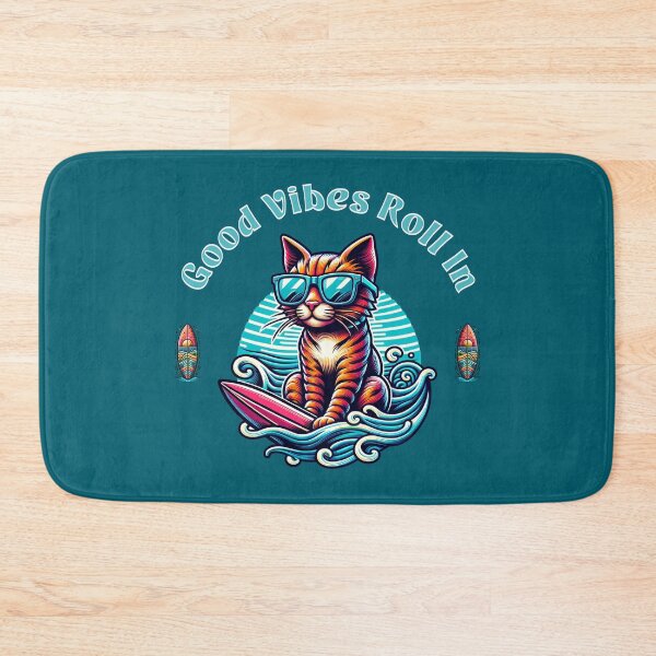 Item preview, Cool Surfing Cat “Good Vibes Roll In” – Retro Beach Vibes Sunglasses Kitty Surfer Design designed and sold by Sachie's Studio.