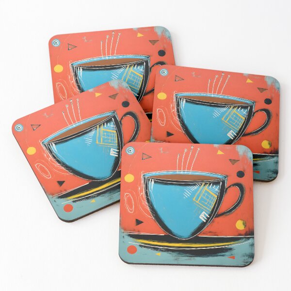 Item preview, Vibrant Blue Coffee Cup - Bold Red Background with Playful Geometric Modern Pop Art Composition designed and sold by OlfactoART Studio.