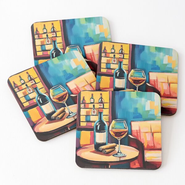 Item preview, Wine Bar Lounge - Cigar and Bottles with Plush Sofa in Vibrant Colorful Interior Art designed and sold by OlfactoART Studio.