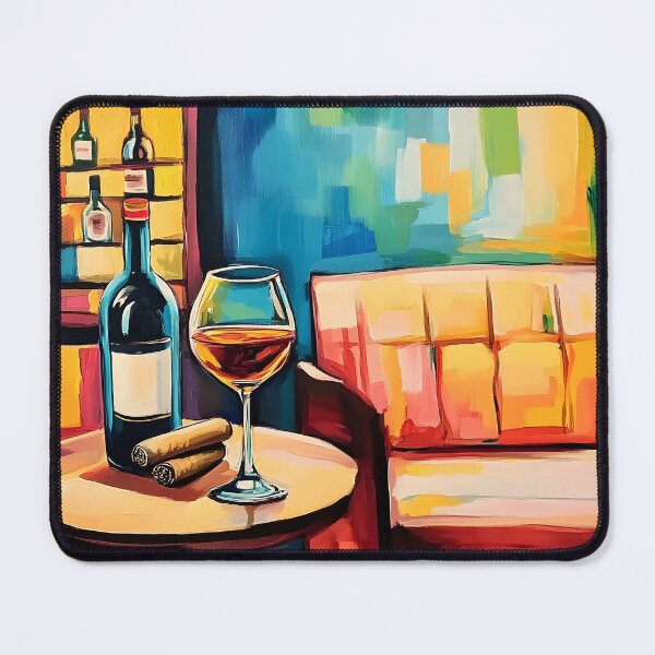 Item preview, Wine Bar Lounge - Cigar and Bottles with Plush Sofa in Vibrant Colorful Interior Art designed and sold by OlfactoART Studio.