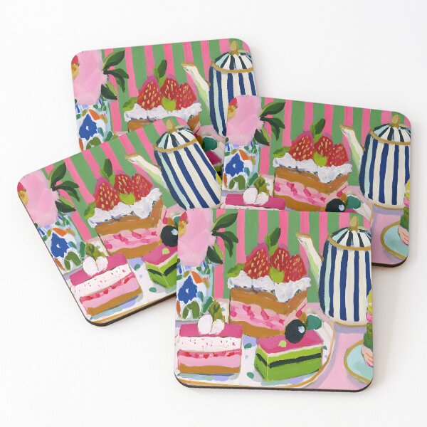 Item preview, English Tea Time Still Life - Cakes Macarons and Striped Teapot with Floral Background Vibrant Art designed and sold by OlfactoART Studio.