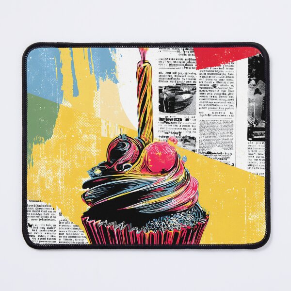 Item preview, Editorial Celebration Treat - Colorful Cupcake with Lit Candle Over Newspaper Collage designed and sold by OlfactoART Studio.