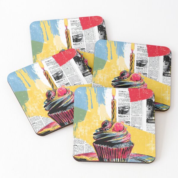 Item preview, Editorial Celebration Treat - Colorful Cupcake with Lit Candle Over Newspaper Collage designed and sold by OlfactoART Studio.