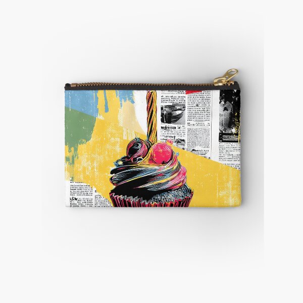 Item preview, Editorial Celebration Treat - Colorful Cupcake with Lit Candle Over Newspaper Collage designed and sold by OlfactoART Studio.