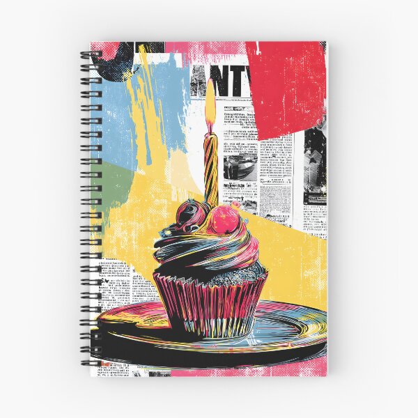 Item preview, Editorial Celebration Treat - Colorful Cupcake with Lit Candle Over Newspaper Collage designed and sold by OlfactoART Studio.