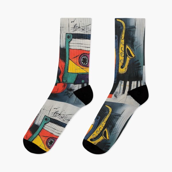 Item preview, Vibrant Music Abstract Composition- Cassette Tape Guitar Saxophone Piano in Bold Geometric Color Art designed and sold by OlfactoART Studio.