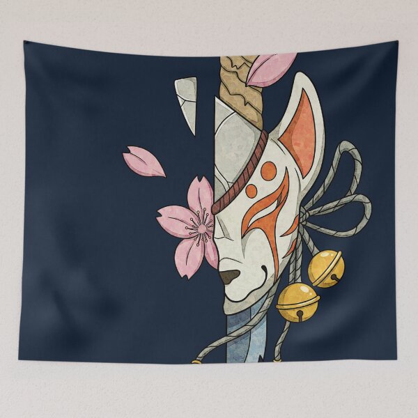 Item preview, Kitsune Fox Mask Katana Sakura Japanese Spirit Art designed and sold by Dylan Hambrook.