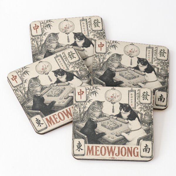 Item preview, Meowjong | Four Cats Playing Mahjong designed and sold by Funny Vintage Stickers And T-Shirts.
