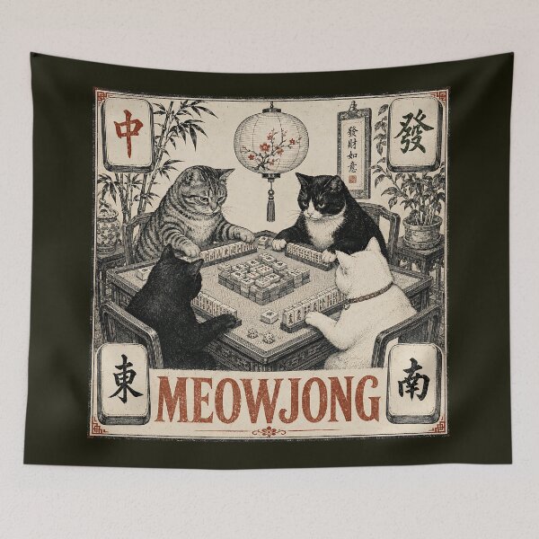 Item preview, Meowjong | Four Cats Playing Mahjong designed and sold by Funny Vintage Stickers And T-Shirts.