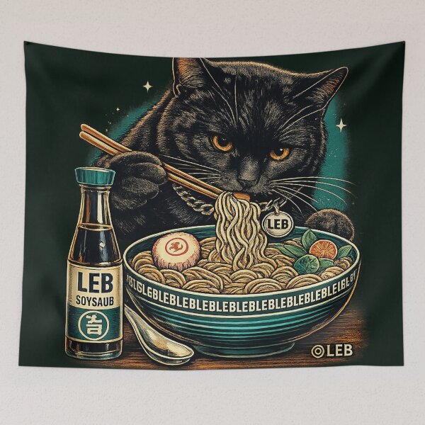 Aperçu de l'œuvre Chat noir mangeant des ramen - Lulu Leb créée et vendue par LuluLeb.