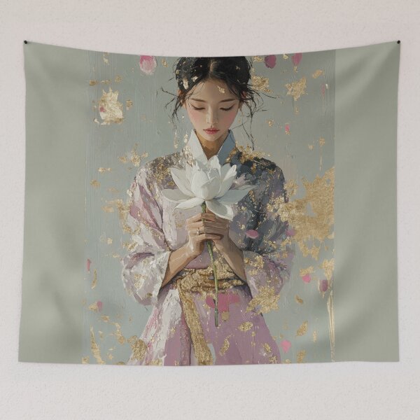 Item preview, Graceful Woman Holding White Lotus with Gold Leaf designed and sold by colorful-white.