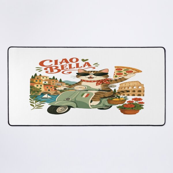 Item preview, Ciao Bella Italian Cat on Scooter • Cute Pizza‑Loving Kitty in Colorful Italy Illustration designed and sold by Bright Nest Studio.