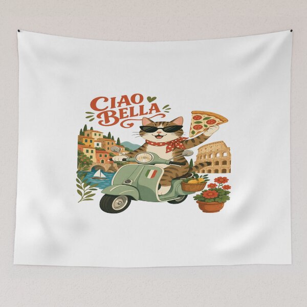Item preview, Ciao Bella Italian Cat on Scooter • Cute Pizza‑Loving Kitty in Colorful Italy Illustration designed and sold by Bright Nest Studio.