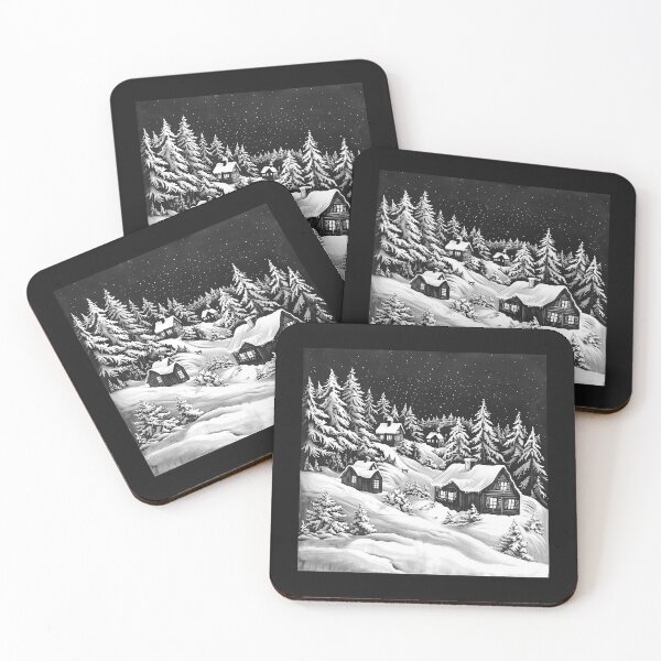 Item preview, Black and White Snowy Winter Cabin Village designed and sold by inkoutninja.