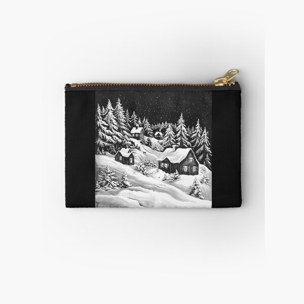 Item preview, Black and White Snowy Winter Cabin Village designed and sold by inkoutninja.