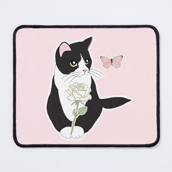 Item preview, tuxedo kitty with a white rose and butterfly designed and sold by sara747.