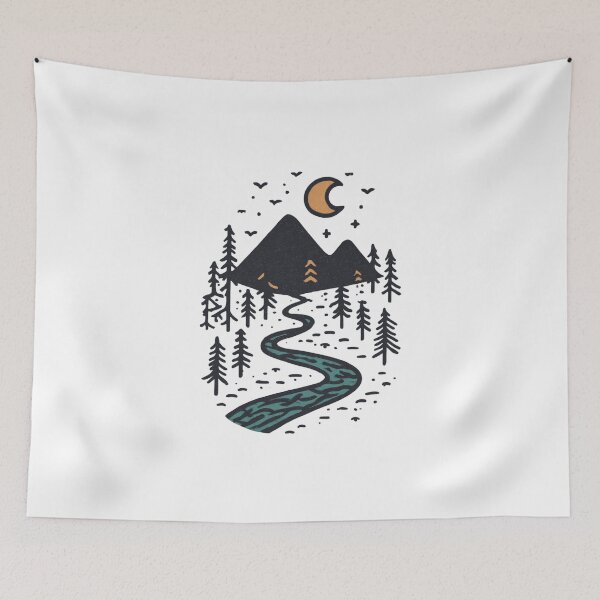 Item preview, Mountain River Crescent Moon Minimalist Ink Illustration designed and sold by Blurbean.