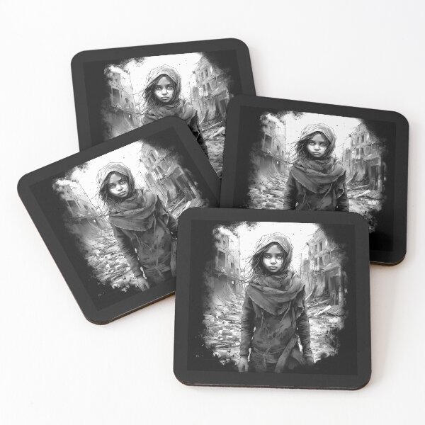 Item preview, Black and White Refugee Girl in War Torn City designed and sold by inkoutninja.