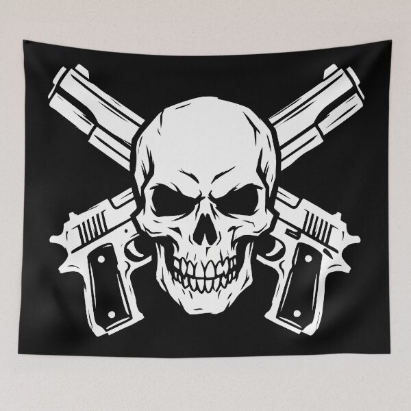 Item preview, White Skull and Crossed Handguns Minimalist Line Art Graphic designed and sold by seven things shop.