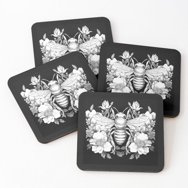 Item preview, Black and White Bee with Flowers designed and sold by inkoutninja.