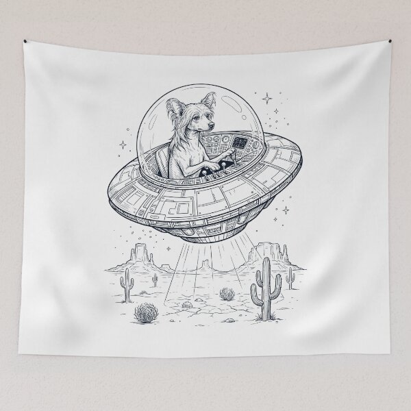 Item preview, Vintage Chinese Crested Dog Riding UFO Dog Mom Dad Lover designed and sold by DoodleTortle.