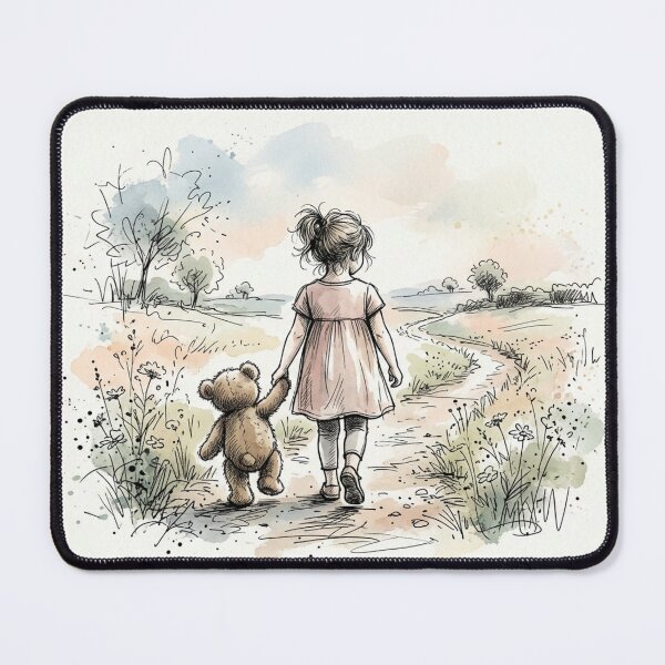 Item preview, A Brave Little Journey - Cute Girl and Teddy Bear Walking Together designed and sold by myforestfog.